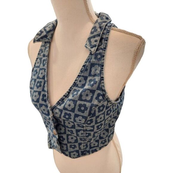 Retro Y2K 90s Floral Blue Demin Vest Crop M - Picture 1 of 4